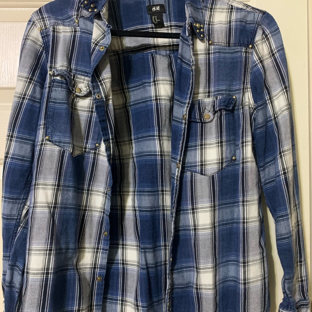 blue and black plaid cardigan